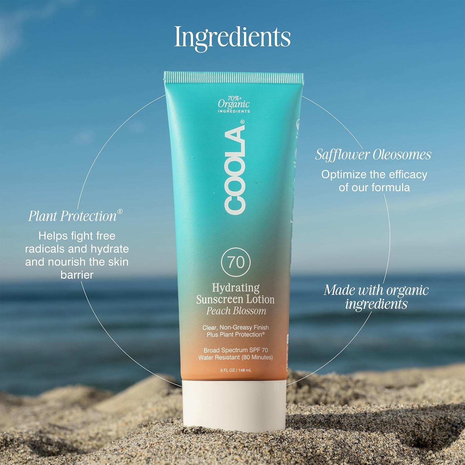 COOLA Hydrating Sunscreen Lotion SPF 70 Peach Blossom – 148ml | Ultra-High SPF, Lightweight Organic Protection