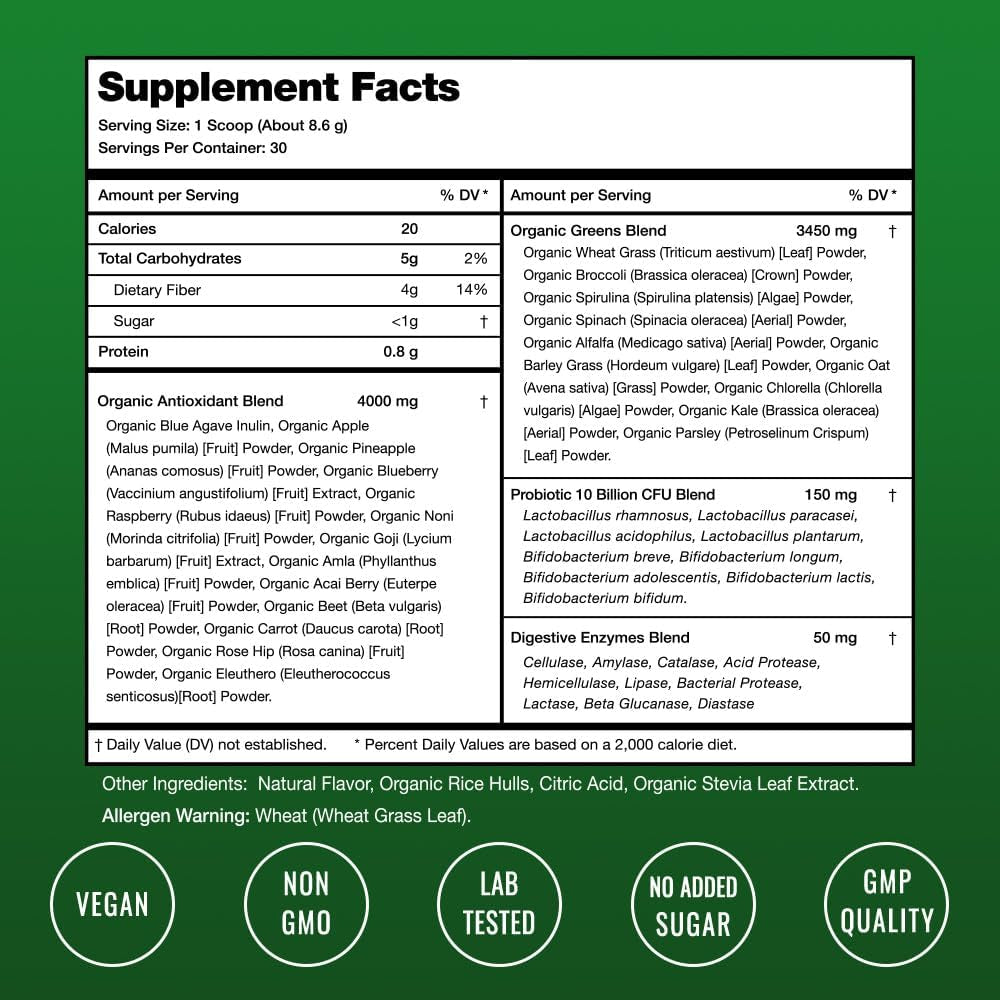 NutraChamps Super Greens Powder | Natural Berry Flavor – 258g, 30 Servings | 40+ Nutrients & Probiotics