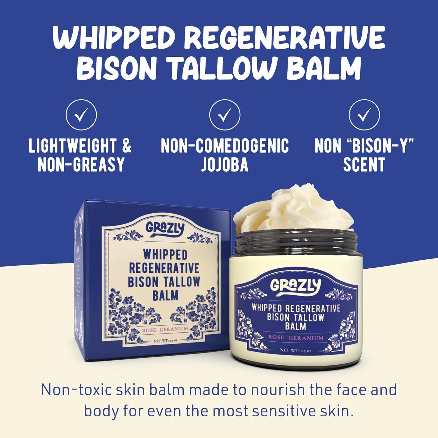 Grazly Whipped Regenerative Bison Tallow Balm (Rose) – 75ml | Soothing Hydration & Skin Renewal
