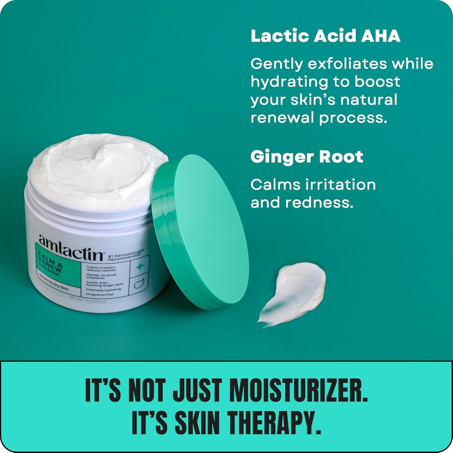 Calm & Renew Body Butter - Therapeutic Skin Care Moisturizer for Sensitive Skin - No-Scrub Exfoliator and Body Cream for Dry Skin with Lactic Acid AHA and Soothing Ginger Root, 11Oz