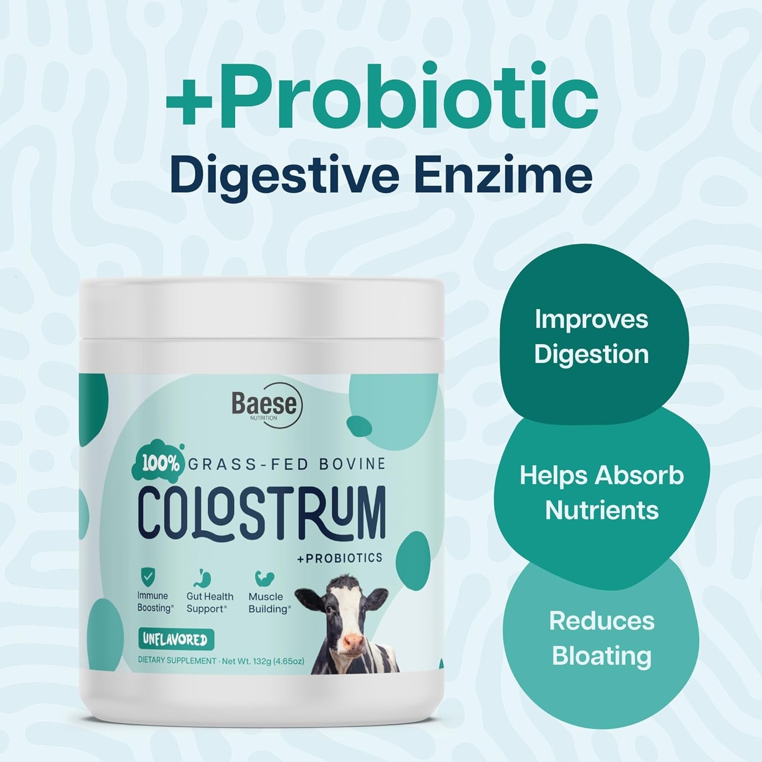 Baese Nutrition 100% Grass-Fed Bovine Colostrum + Probiotics Powder Supplement – 132g | Immune & Gut Support for Adults & Kids