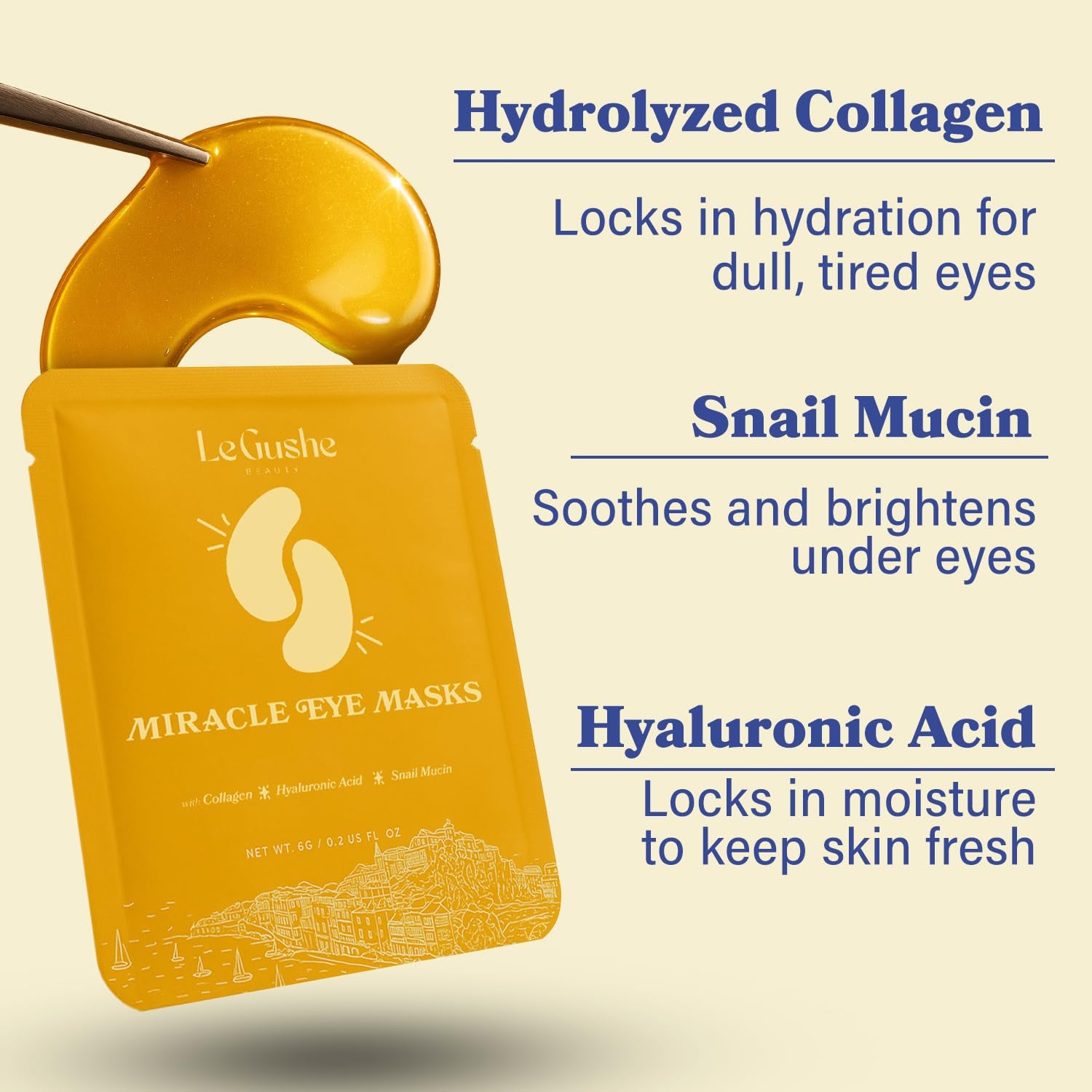 LE GUSHE Miracle Eye Masks – 30 Pairs, Gold | Collagen, Snail Mucin & Hyaluronic Acid for Dark Circles & Puffiness