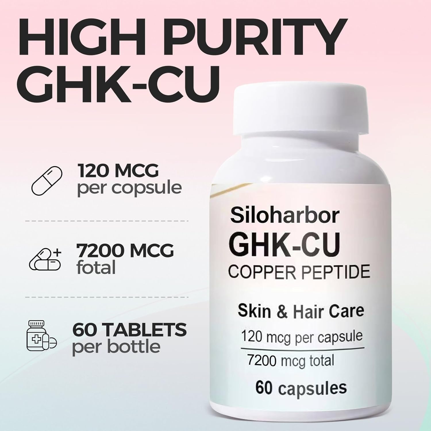 Ghk-Cu Copper Peptide Supplement, 120Mcg High-Purity Supplement for Skin & Hair, Enteric-Coated for Maximum Absorption, Vegan & Gluten-Free (60 Count)