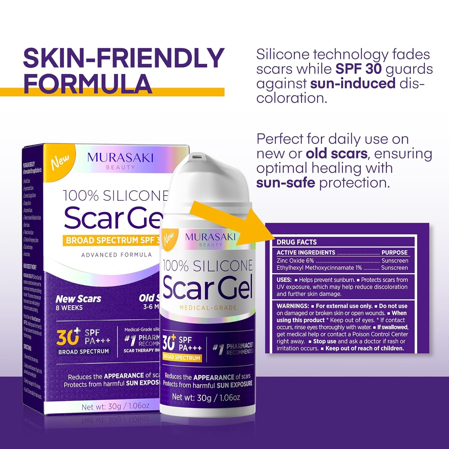 MURASAKI BEAUTY 100% Silicone Scar Gel with SPF 30 – 30g | Professional Scar Treatment for All Skin Types