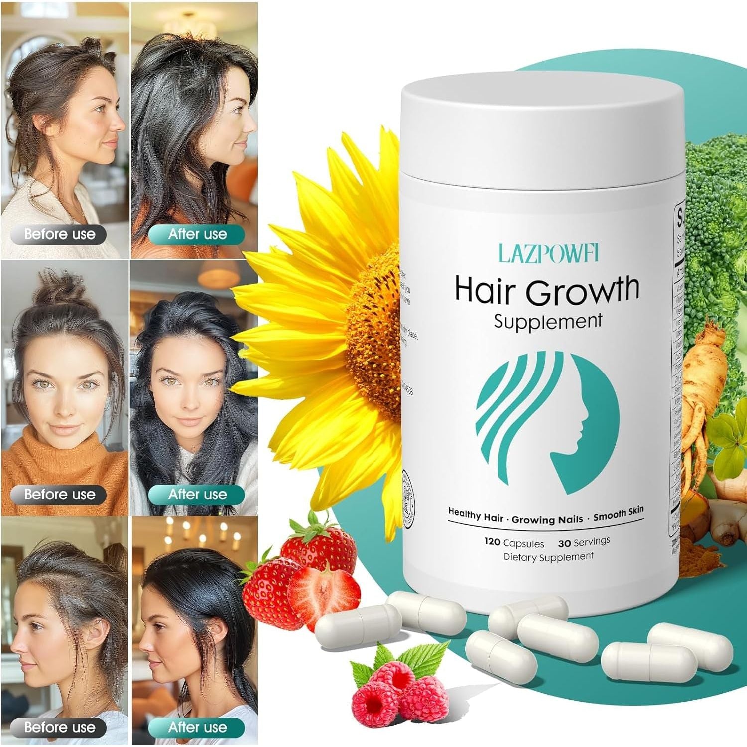 Lazpowfi Hair Growth Supplement – 120 Capsules | 30-in-1 Advanced Formula for Thicker, Healthier Hair
