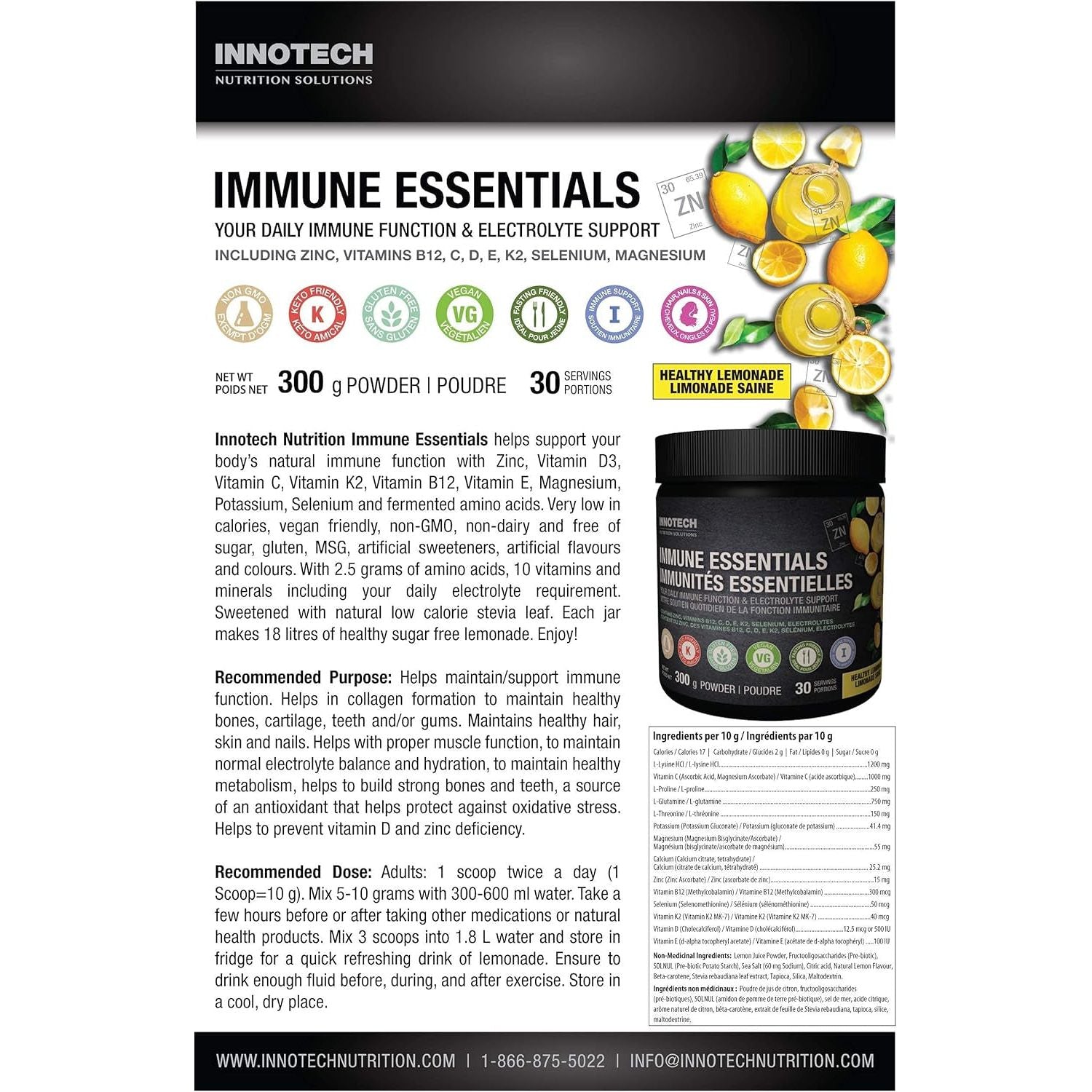 Innotech Nutrition Solutions Immune Essentials – 300g, Lemon Flavour | Daily Immune Support with Zinc, Prebiotics & Electrolytes