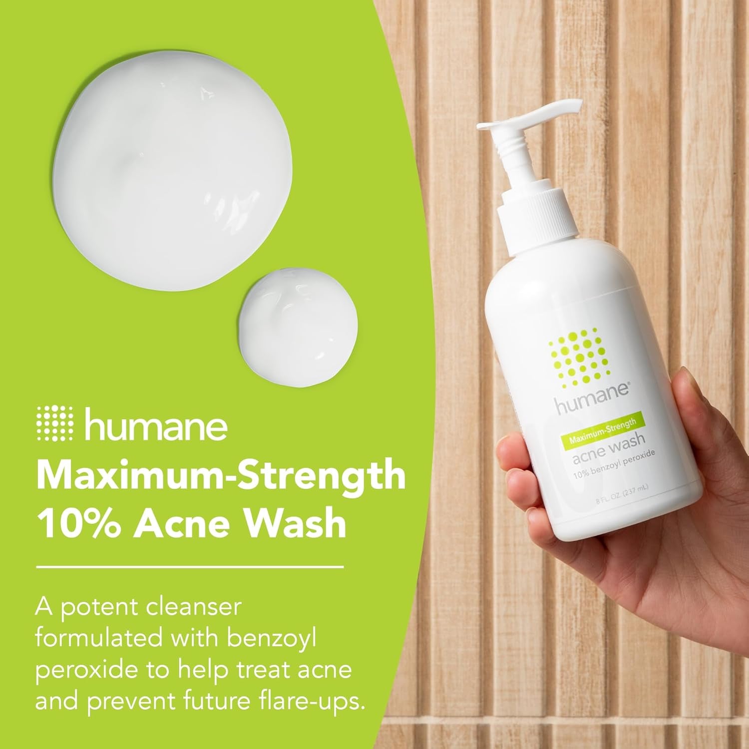 Humane Maximum-Strength Acne Wash – 237ml | 10% Benzoyl Peroxide Face & Body Cleanser for Stubborn Acne