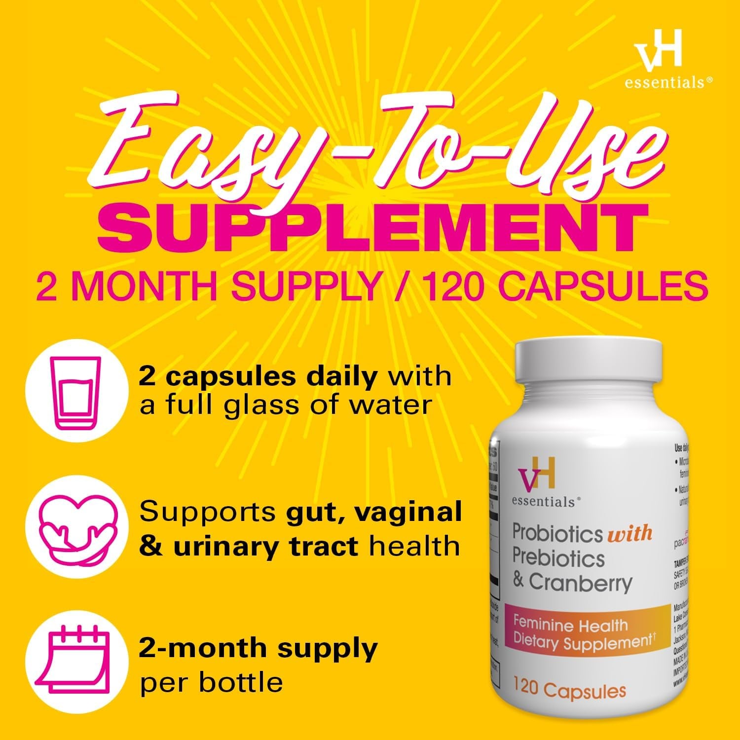 vH essentials Probiotics with Prebiotics & Cranberry – 120 Capsules | Triple-Action Feminine & Urinary Tract Health Support