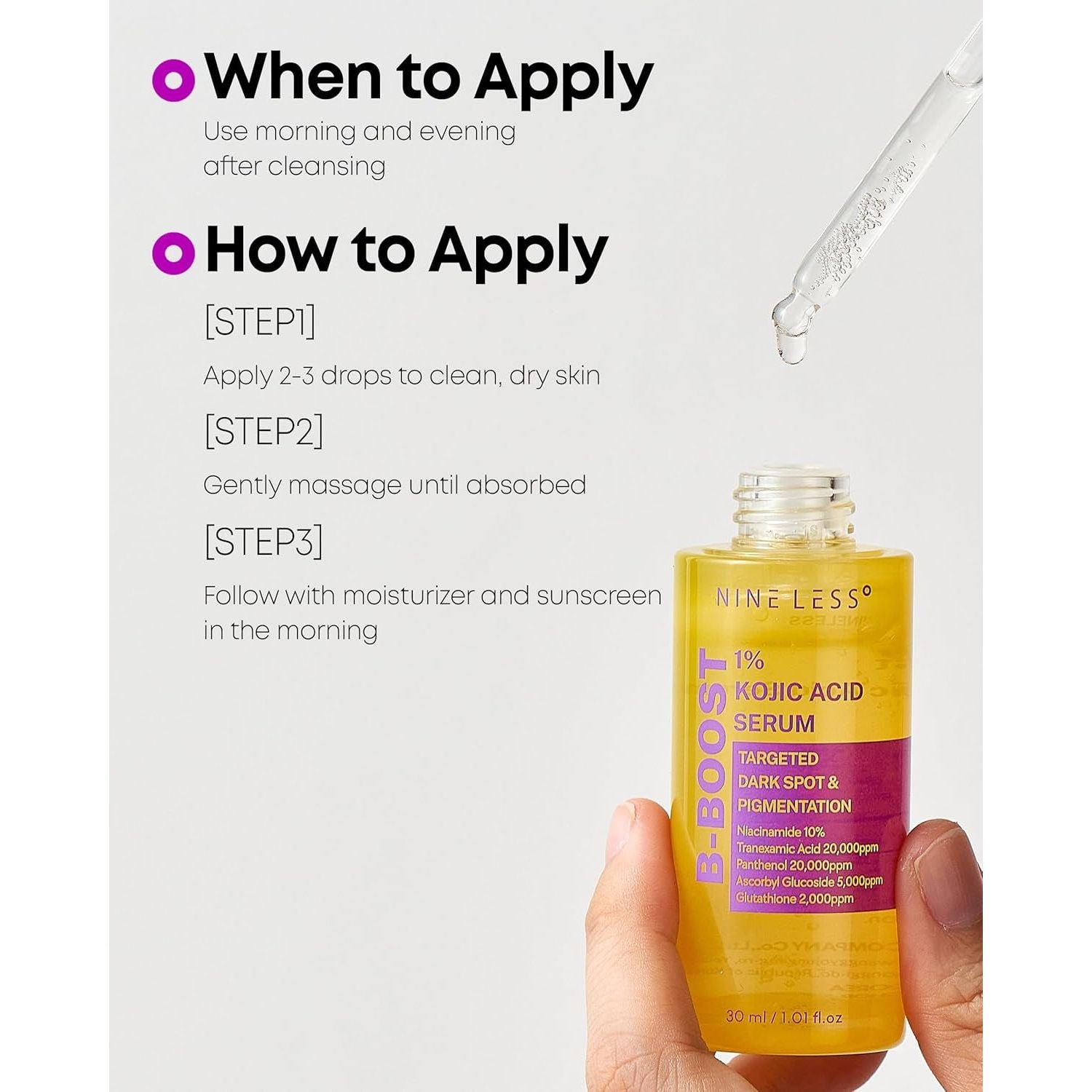 NINELESS B-Boost 1% Kojic Acid Serum – 30ml | Brightening & Pigment-Correcting Serum with Niacinamide, Tranexamic Acid & Peptides