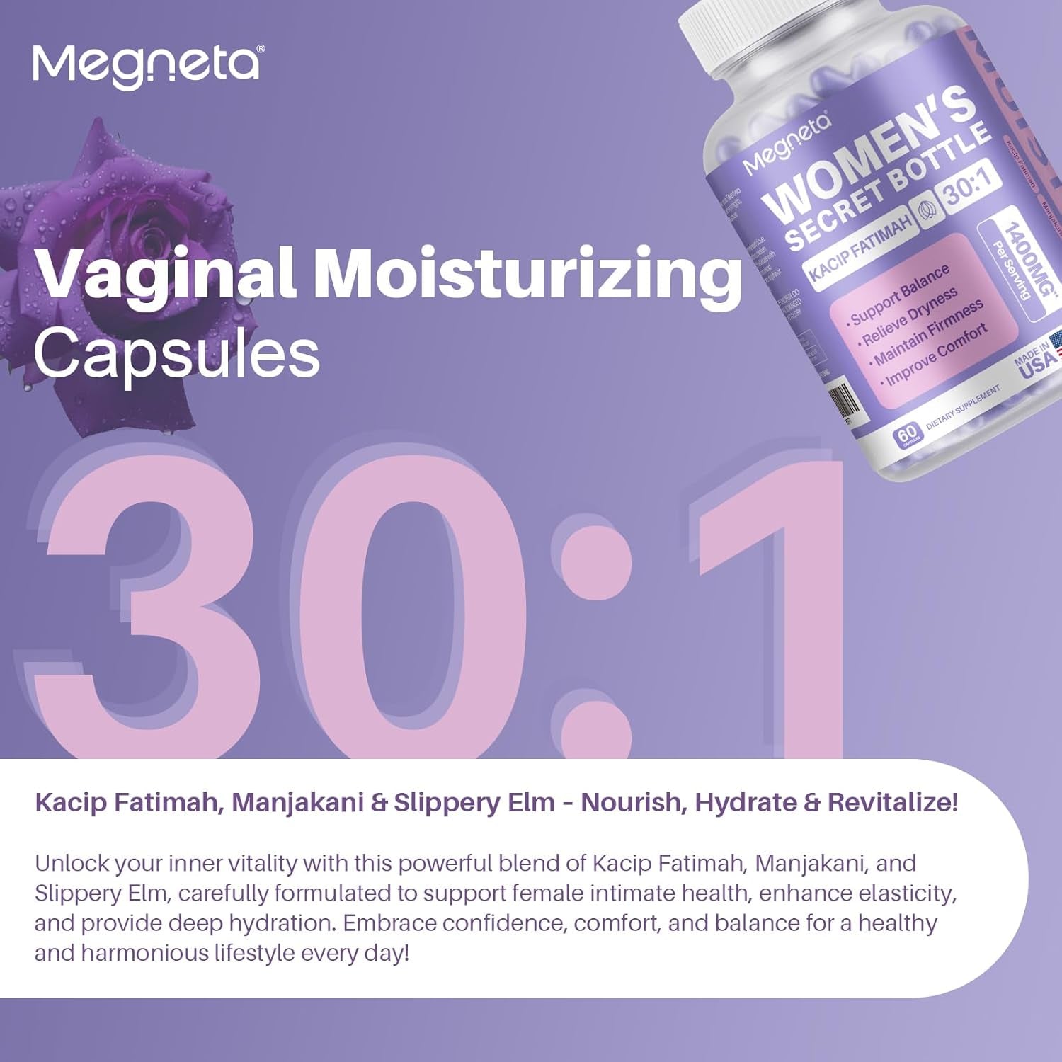 MEGNETA Vaginal Moisturizer – 60 Capsules | Kacip Fatimah, Manjakani & Slippery Elm for Intimate Health & Moisture