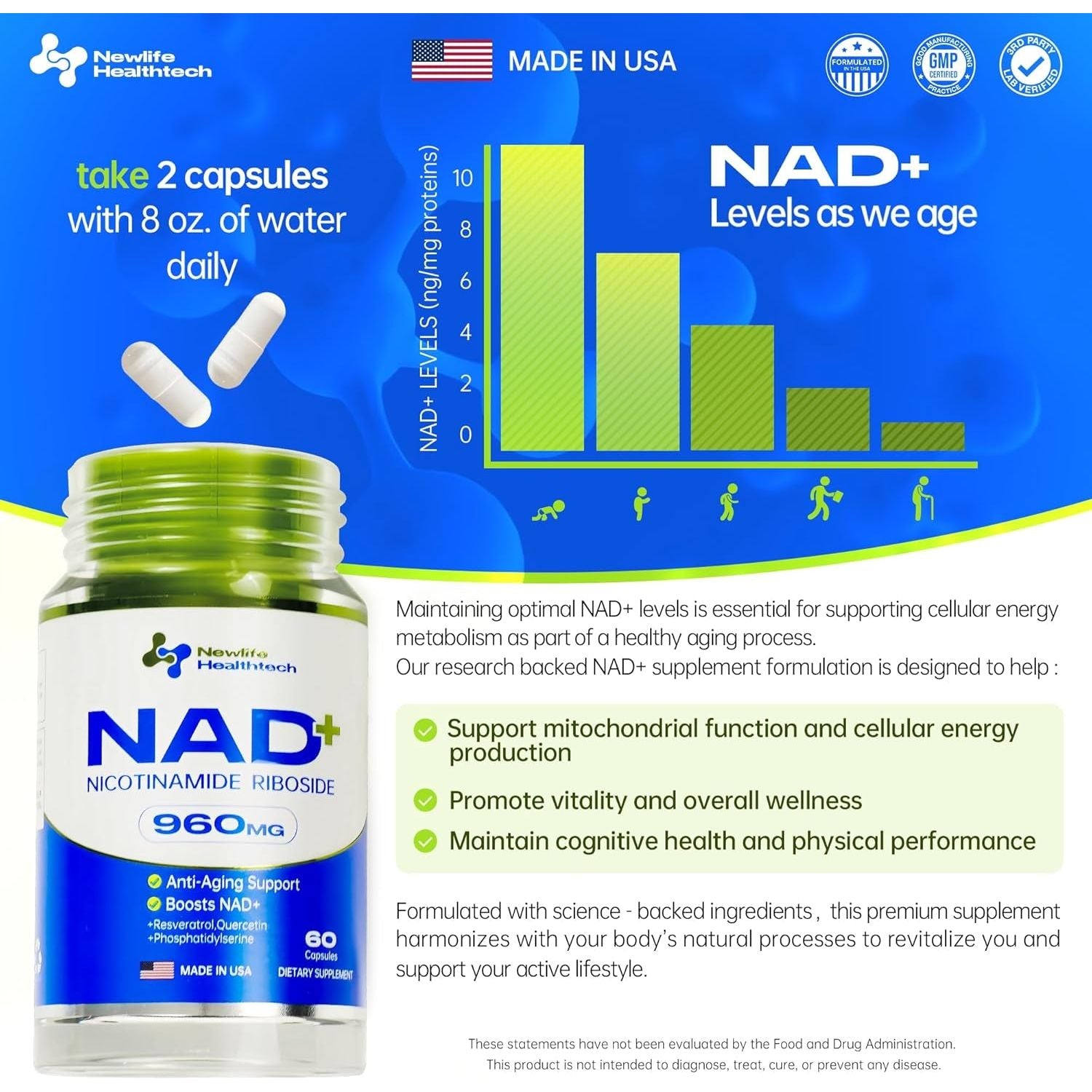 Newlife Healthtech NAD+ Supplement – 60 Capsules | Advanced Cellular Energy & Anti-Aging Support – 960mg per Serving