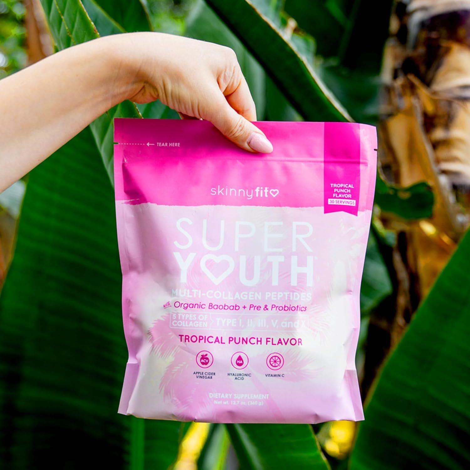 SkinnyFit Super Youth Multi-Collagen Peptides – Tropical Punch Flavor (313g) | 5 Collagen Types + Probiotics for Beauty & Wellness