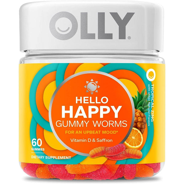 Hello Happy Gummy Worms, Mood Balance Support, Vitamin D, Saffron, Adult Chewable Supplement, Tropical Zing - 60 Count