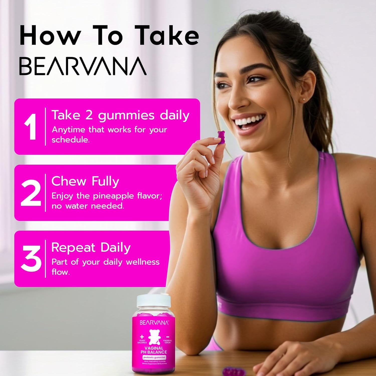 BEARVANA Vaginal pH Balance Probiotic Gummies – Pineapple Flavor, 60 Vegan Gummies | Feminine Freshness, Gut & Immune Support