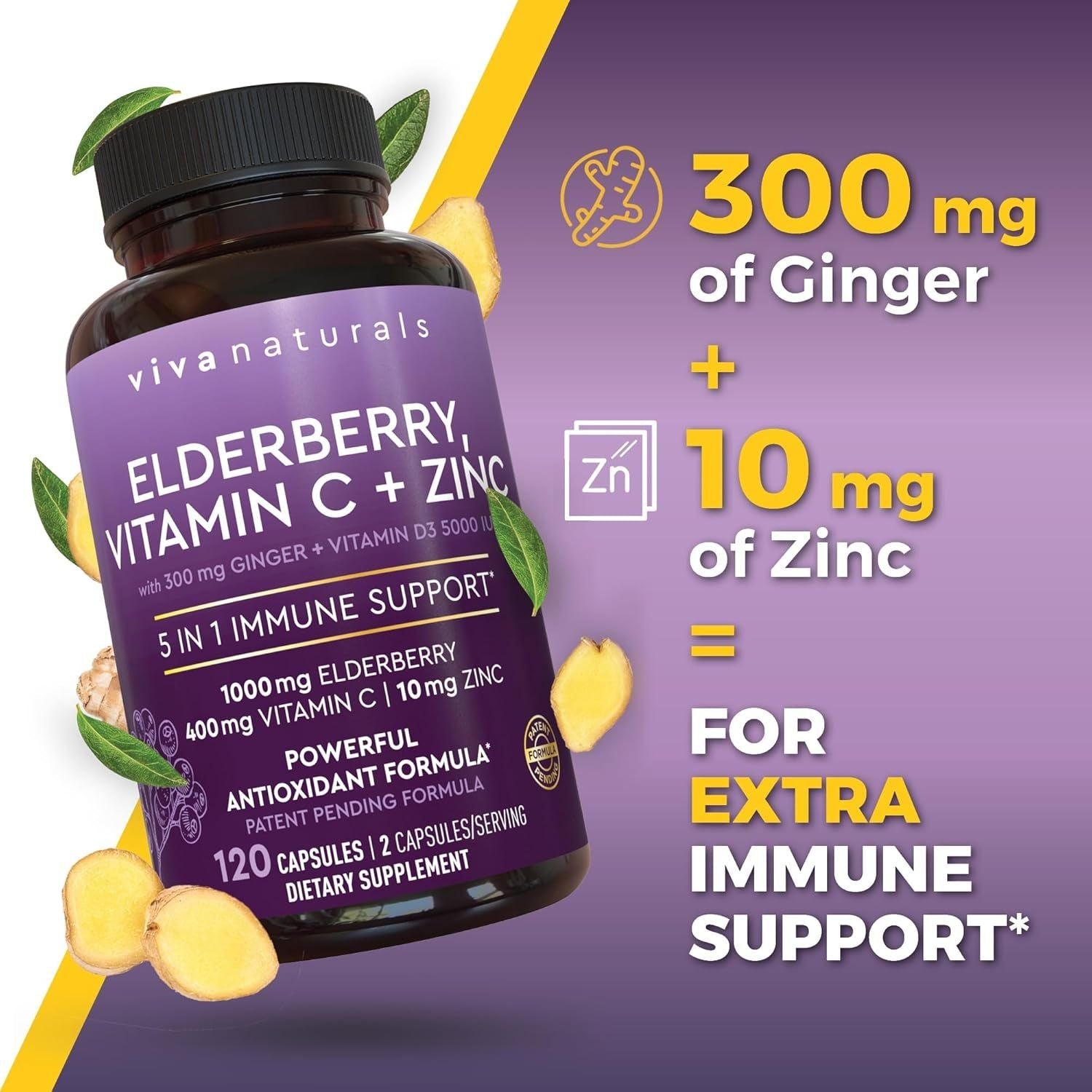 Viva Naturals Elderberry, Vitamin C + Zinc – 5-in-1 Immune Support, 120 Capsules