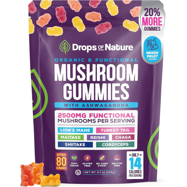 Ashwagandha Gummies and Lions Mane Mushroom Gummies Supplement - Organic - Reishi, Cordyceps, Turkey Tail, Maitake, Shitake, Chaga - Immune Defense, Boosts Cognitive Performance, Vegan, Low Carb