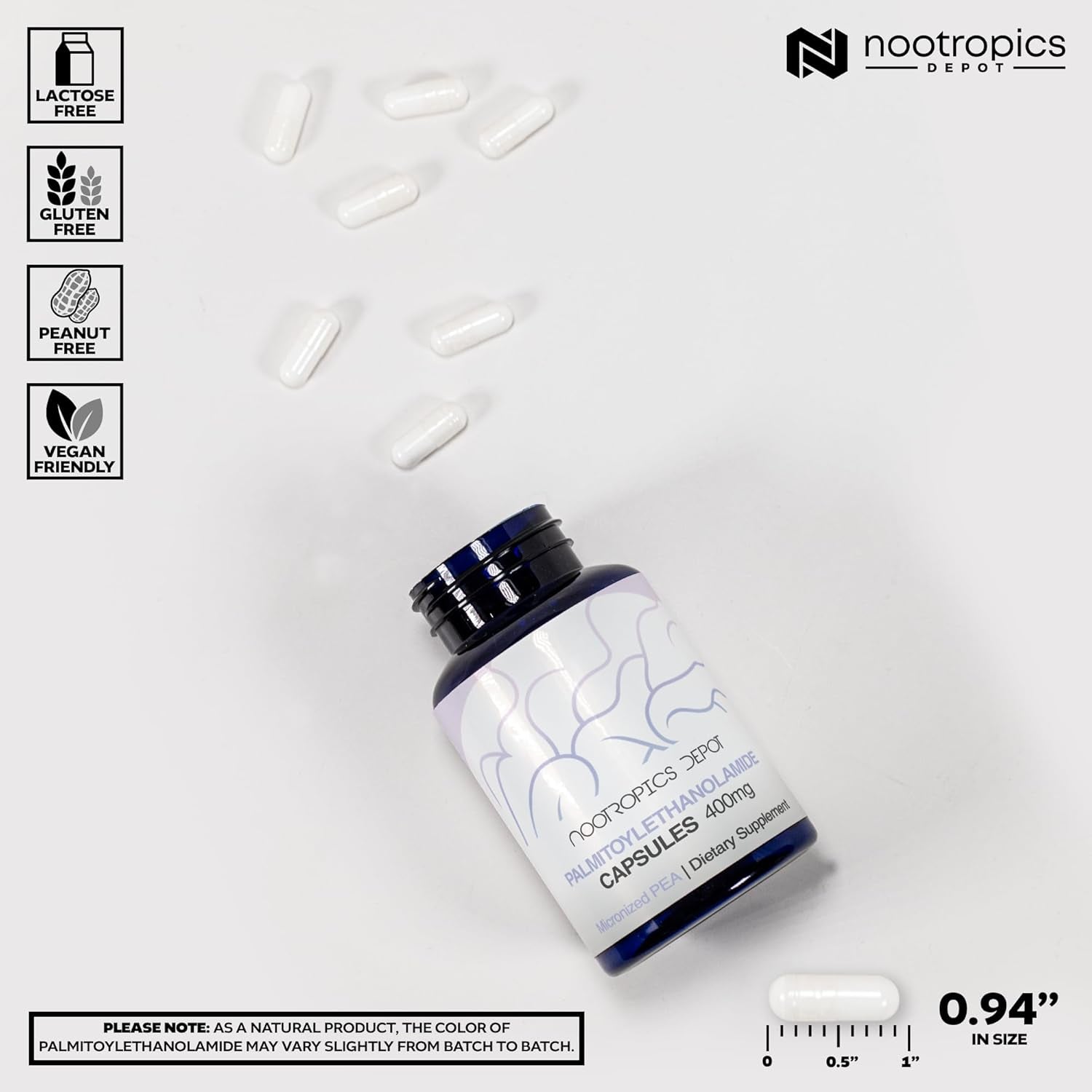 Nootropics Depot Palmitoylethanolamide Capsules 400mg – 180 Capsules | Natural Discomfort & Nerve Support