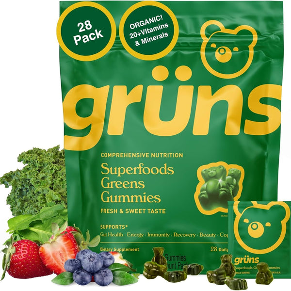Adults Super Greens Gummies, Multivitamin Superfood Gummy Bears with Spirulina, Chlorella, Prebiotics & Fiber for Digestive Health, Adaptogens Supplement with 20 Vitamins & Minerals, 28 Count