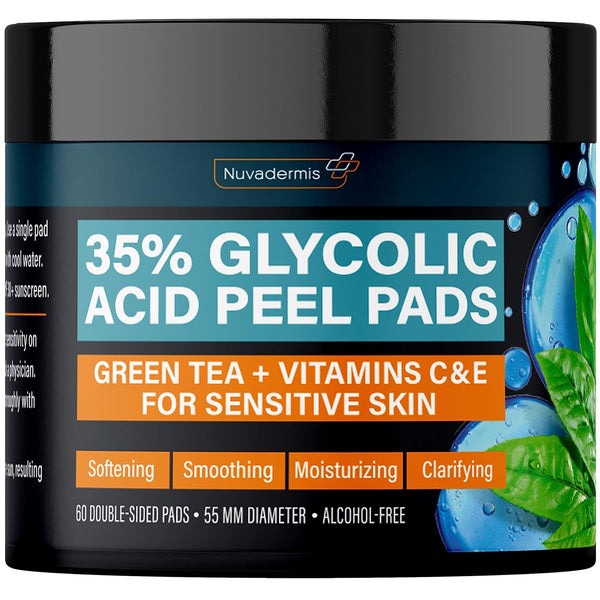 NUVADERMIS 35% Glycolic Acid Peel Pads – 60 Double-Sided Pads | Exfoliate, Smooth & Brighten Skin
