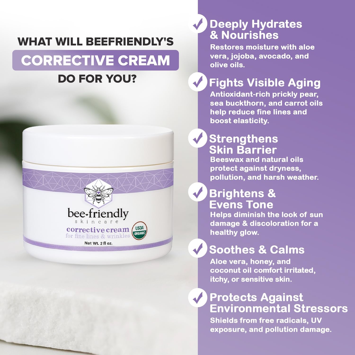 BeeFriendly Corrective Cream for Fine Lines & Wrinkles – 59ml | USDA Organic Anti-Ageing Moisturiser