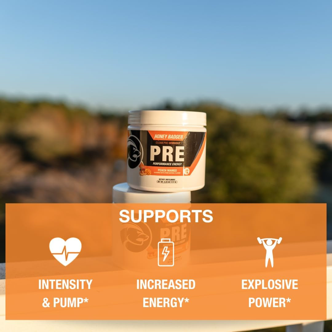 Honey Badger Clean Pre-Workout (Peach Mango Flavor) – 177g | Zero-Crash Energy, Focus & Endurance Boost