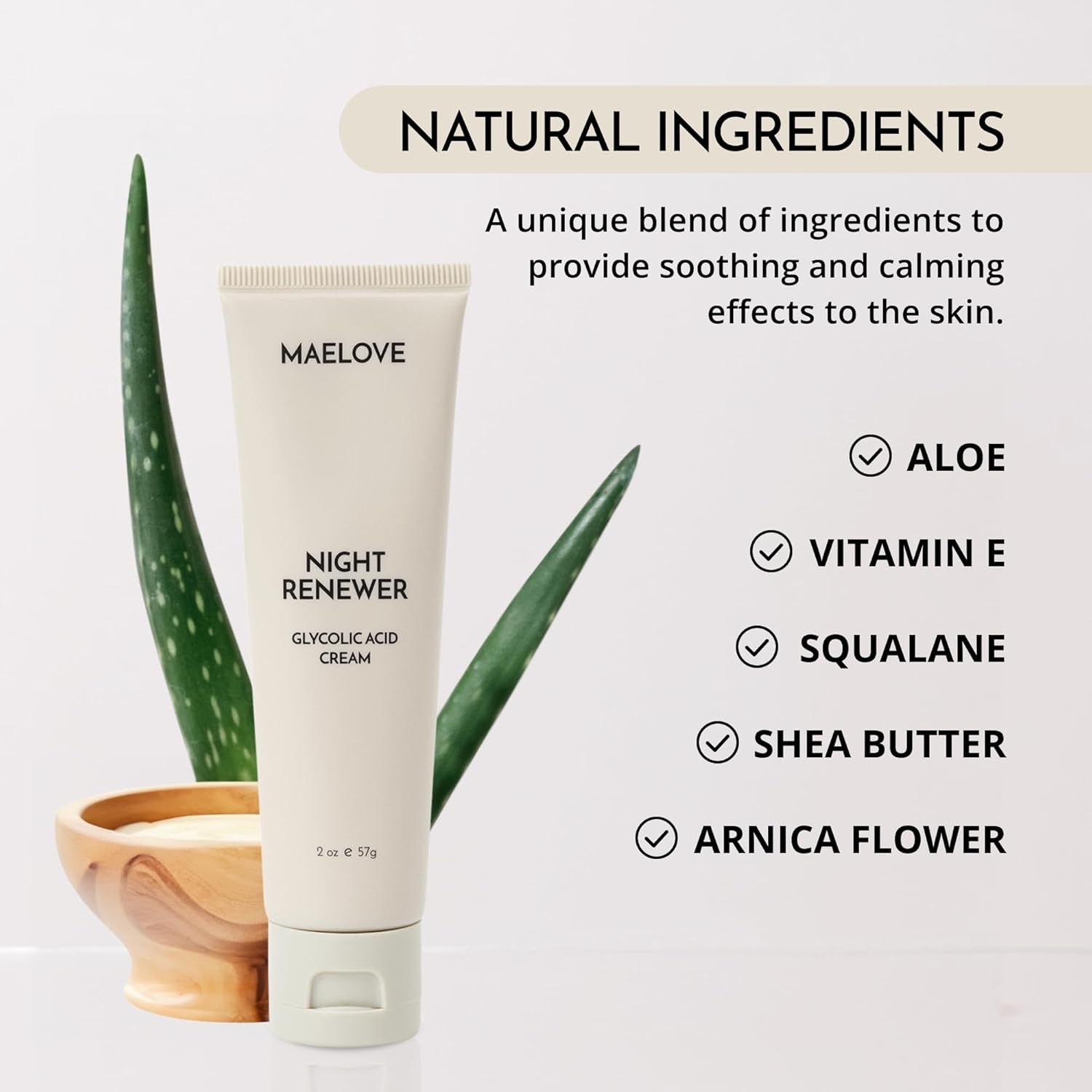 MAELOVE Night Renewer Glycolic Acid Cream – 57g | 10% AHA Night Moisturiser for Sensitive Skin