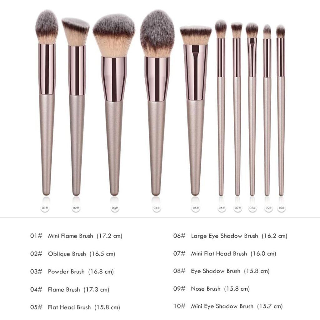 Feriuzymix Professional Makeup Brush Set - 10 Pcs (Champagne Gold)