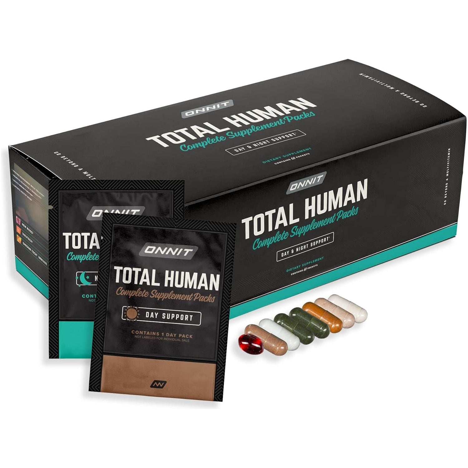 ONNIT Total Human Complete Supplement Packs – 60 Packets, 30-Day Supply | Day & Night Vitamins for Focus, Energy, Sleep & Immune Support