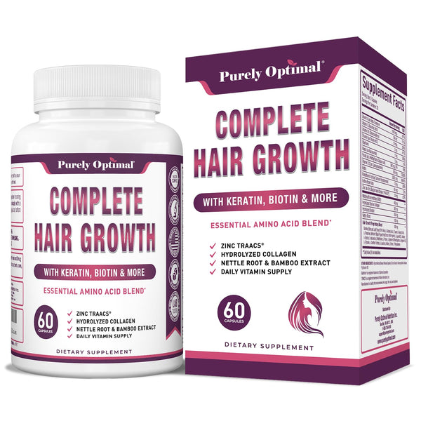 Purely Optimal Complete Hair Growth Supplement – 60 Capsules | Biotin, Collagen & Keratin for Stronger, Thicker Hair