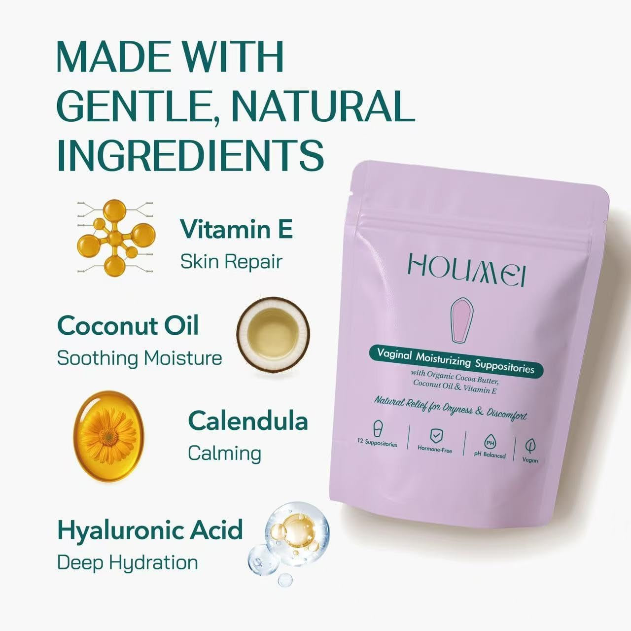 Houmei Vaginal Suppositories with Vitamin E and Hyaluronic Acid, Organic Feminine Moisturizer for Dryness & Discomfort Relief, Ph-Balanced Natural Feminine Care, 12 Counts