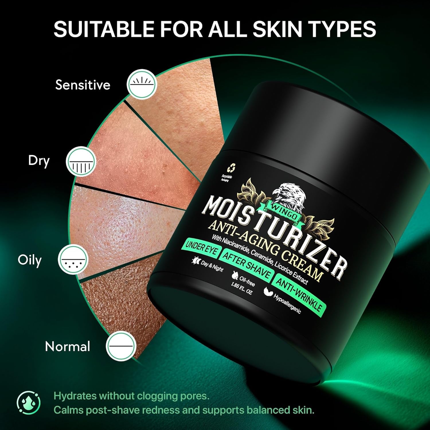 Mens Face Moisturizer Anti-Aging Cream - Lightweight after Shave Lotion for Men - Day & Night Hydrating Skin Care with Niacinamide Collagen Ceramides - Fast-Absorbing Non-Greasy 1.85Oz