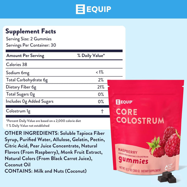 Equip Core Colostrum Gummies | Raspberry – 360g | Grass-Fed Bovine Colostrum for Gut, Immunity & Skin Support