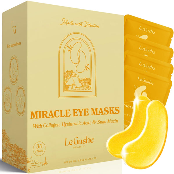 LE GUSHE Miracle Eye Masks – 30 Pairs, Gold | Collagen, Snail Mucin & Hyaluronic Acid for Dark Circles & Puffiness