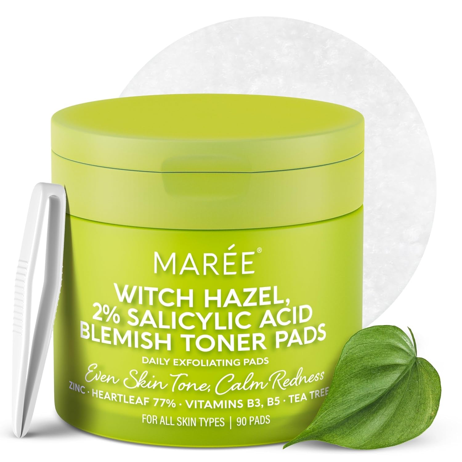 MAREE Witch Hazel & 2% Salicylic Acid Blemish Toner Pads – 90 Pads | Clear Skin & Pore Refining Treatment