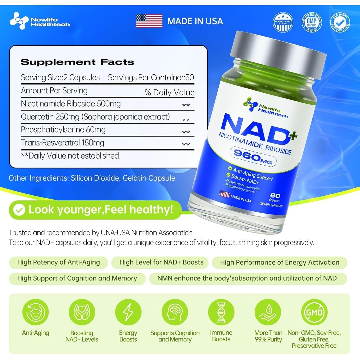 Newlife Healthtech NAD+ Supplement – 60 Capsules | Advanced Cellular Energy & Anti-Aging Support – 960mg per Serving