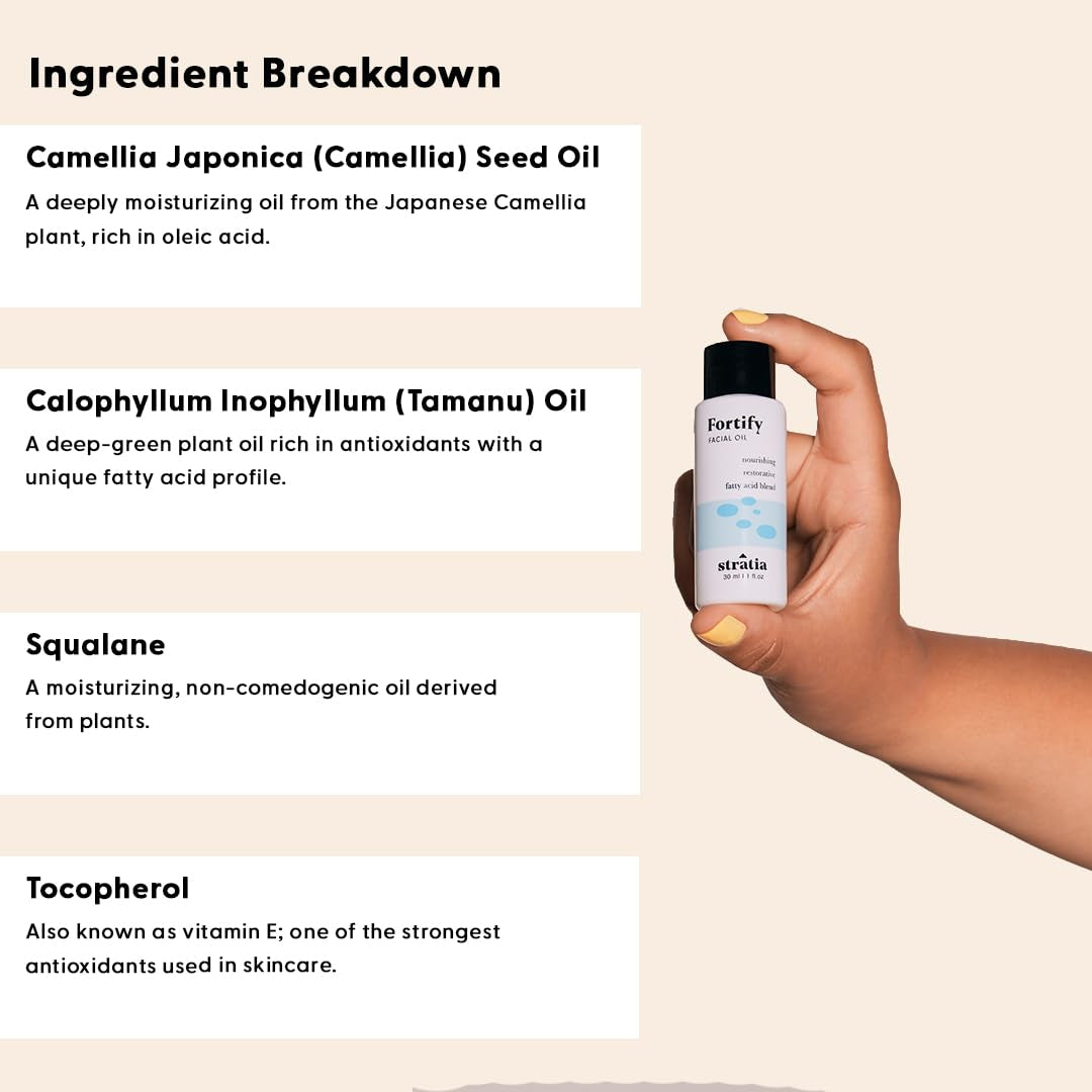 Fortify Restorative Facial Oil - Omega Fatty Acid Blend for Dry, Sensitive & Combination Skin - Non-Greasy, Barrier-Strengthening Hydration with Camellia, Tamanu & Marula Oils - 1 Fl Oz