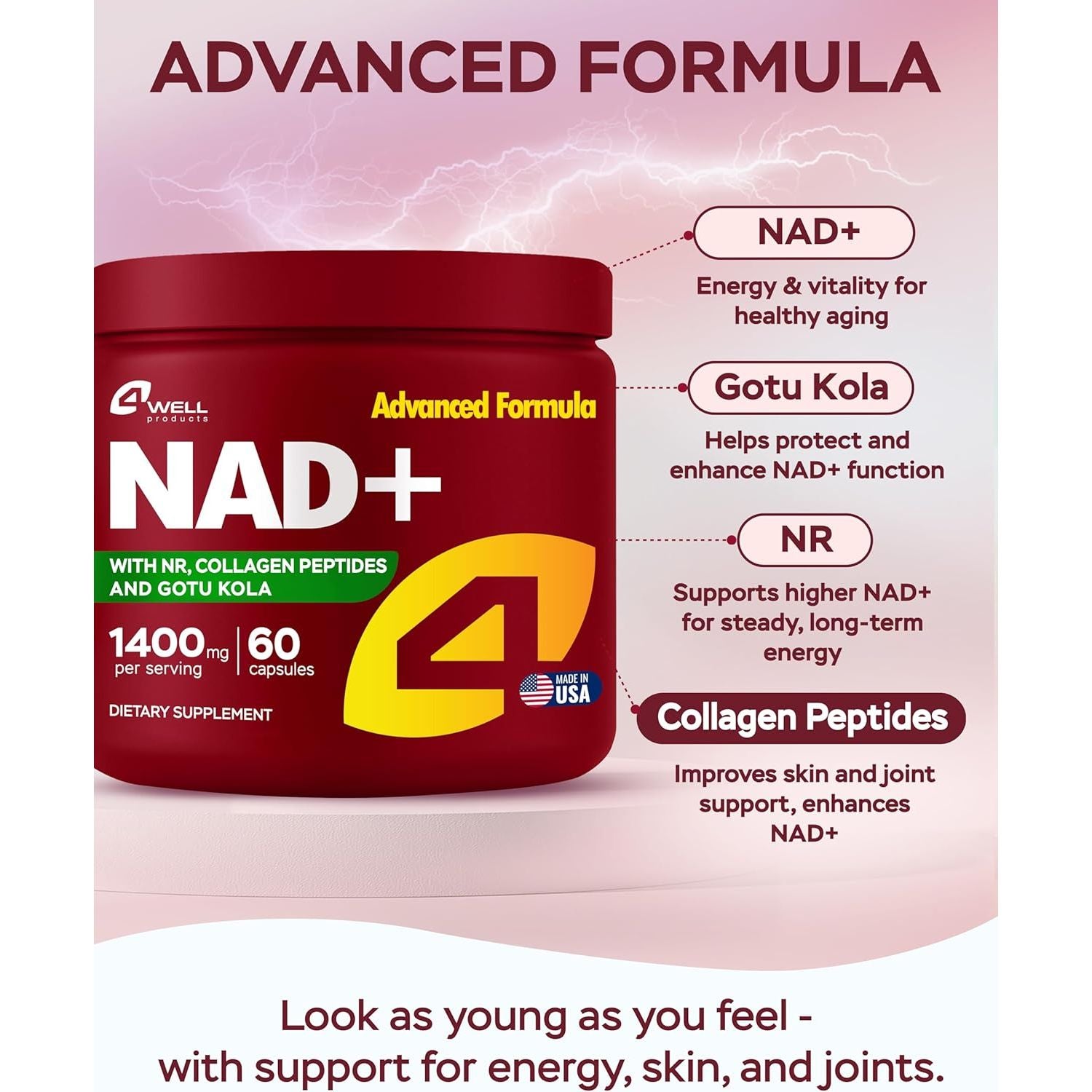 NAD plus Supplement 1400Mg - NMNH Supplement Alternative Supports Healthy Aging Complex with Nicotinamide Riboside & Gotu Kola, Collagen - Powerful NAD+ Formula for Energy, Skin & Cognitive, 60 Caps