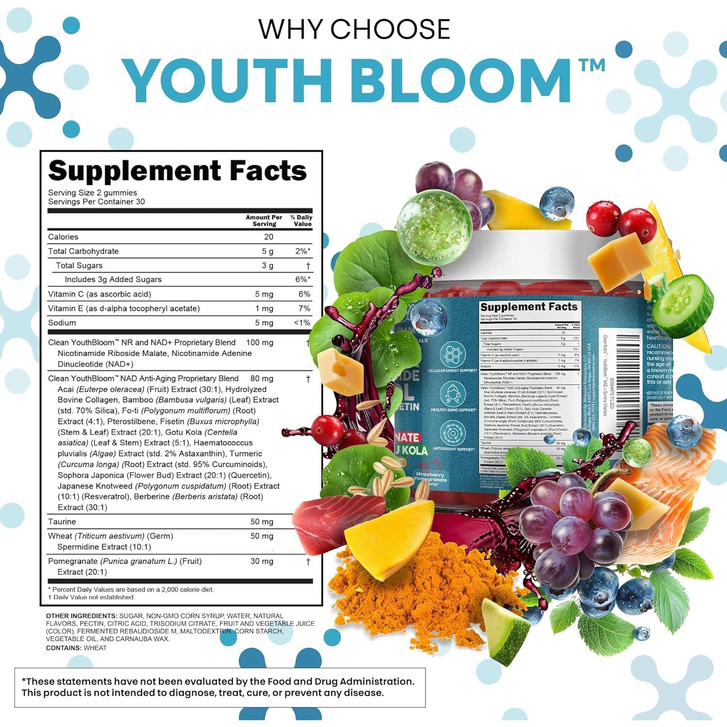Youth Bloom NAD+ Supplement Gummies Resveratrol Fisetin Wheat Germ Berberine Taurine Turmeric Collagen Astaxanthin Nicotinamide Gotu Kola Pomegranate Vitamin C & E 60 Ct by Clean Nutra
