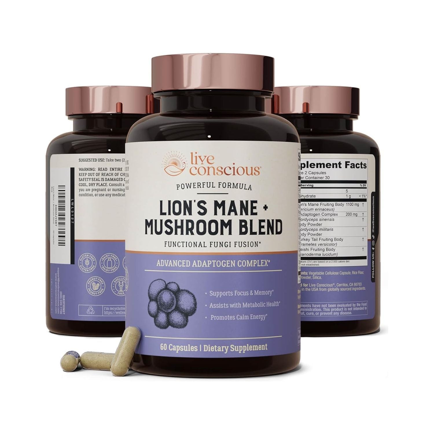 Live Conscious Lion’s Mane + Mushroom Blend – 60 Capsules | Focus, Memory & Immune Support