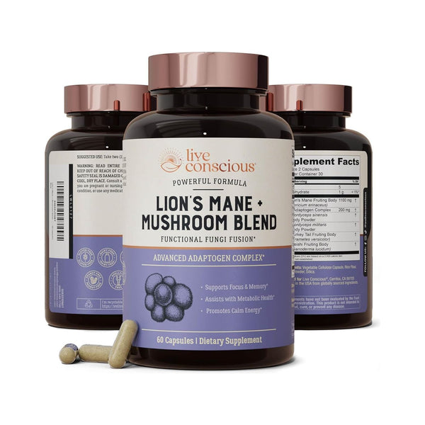 Live Conscious Lion’s Mane + Mushroom Blend – 60 Capsules | Focus, Memory & Immune Support