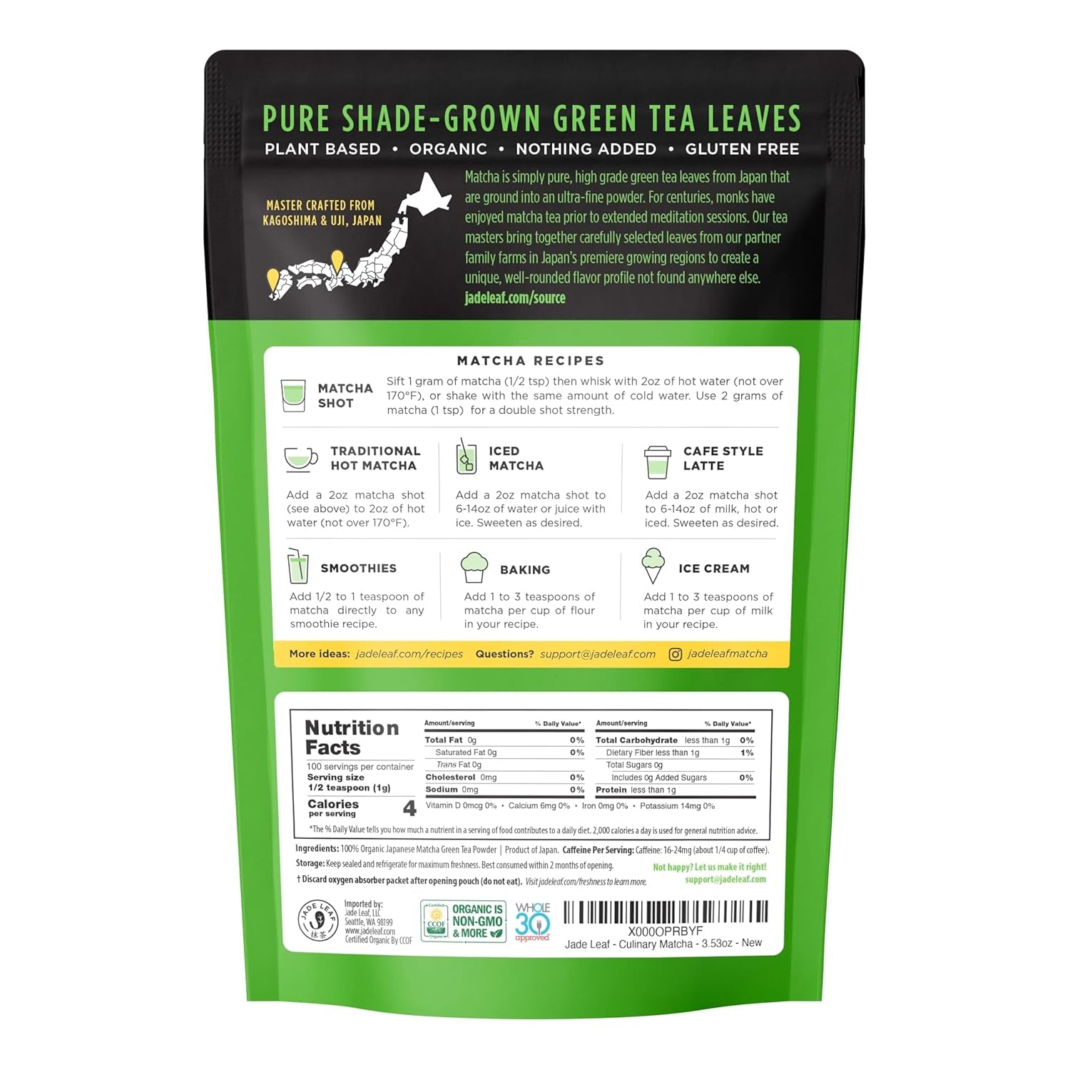 Jade Leaf Matcha Organic Japanese Matcha 100% Pure Ground Green Tea Powder - 100g