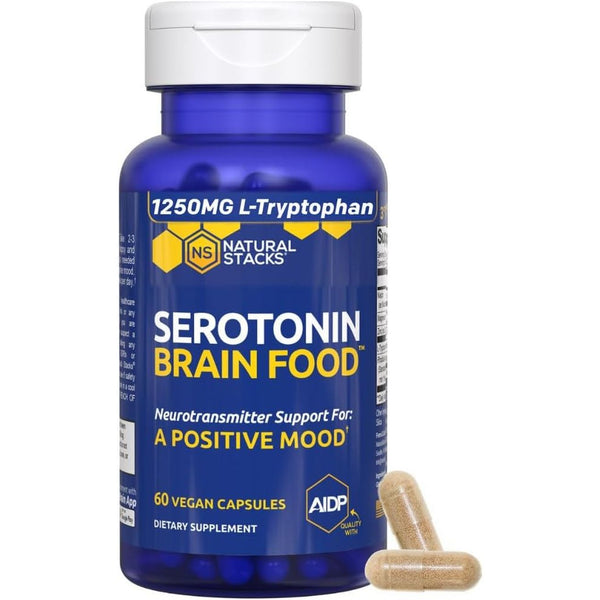 Serotonin Brain Food - 1250Mg L-Tryptophan & 400Mg Rhodiola Rosea Supplement - Mood Support Supplement for Stress Relief - Neurotransmitter Support with Magnesium Glycinate & Zinc - 60 Capsules