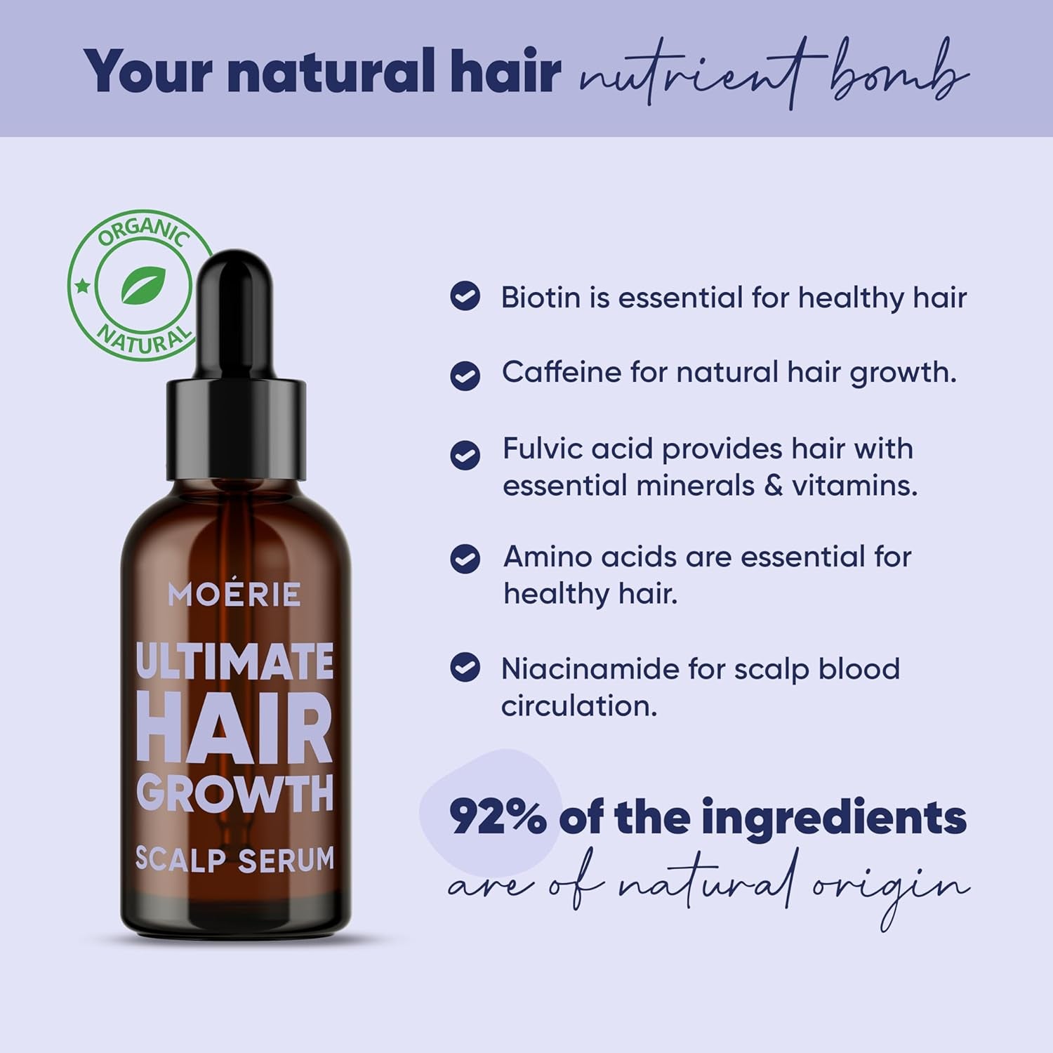 MOERIE Ultimate Hair Growth Serum – 50ml | Natural Regrowth & Thickening Treatment | Biotin, Caffeine & Amino Acids for Women