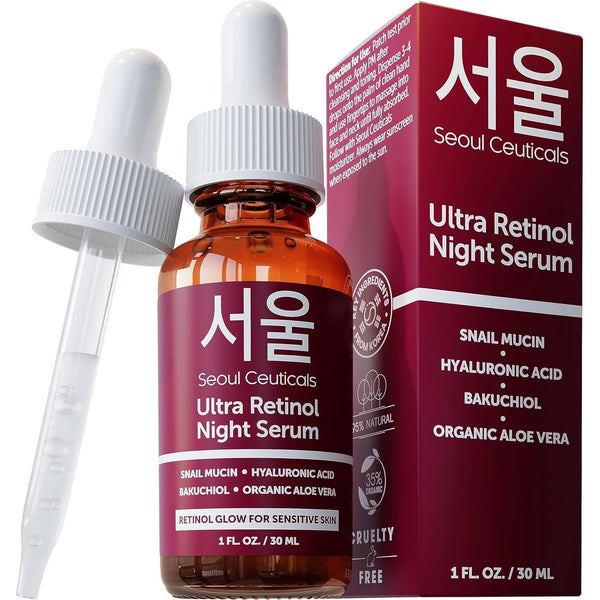 SeoulCeuticals Ultra Retinol Night Serum – 1oz | Anti-Aging Korean Formula with 1% Retinol, Snail Mucin & Bakuchiol
