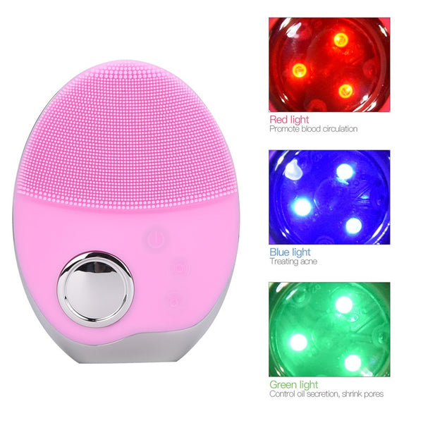 Multifunction Photon Therapy Facial Cleansing Brush – Waterproof Silicone Face Cleaner with Red, Blue & Green LED Light