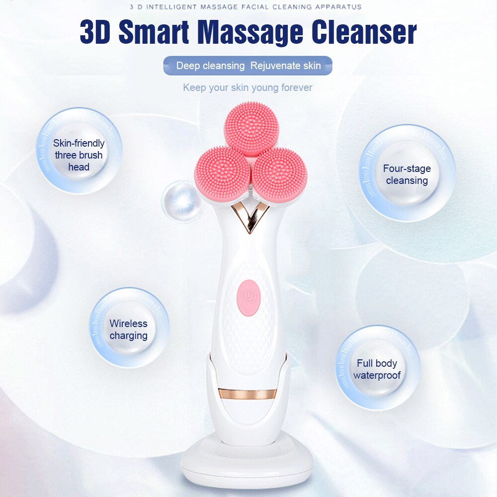 3-in-1 Sonic Facial Cleansing Brush – Rechargeable Silicone Face Cleanser & Blackhead Removal Device with 3 Brush Heads