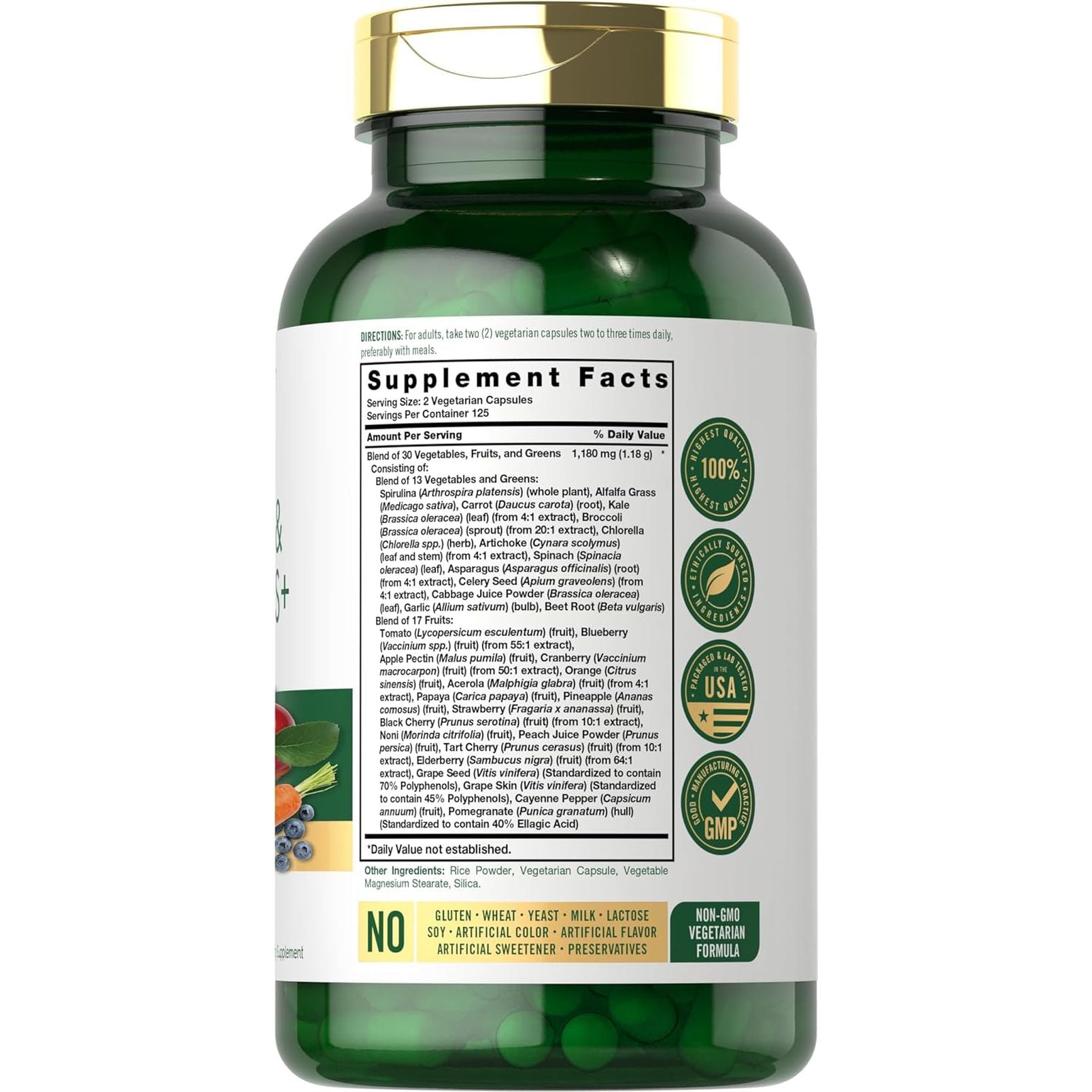 Fruits and Veggies Supplement | 250 Capsules | Made with 30 Fruits and Vegetables | Vegetarian, Non-Gmo, Gluten Free Superfood Formula