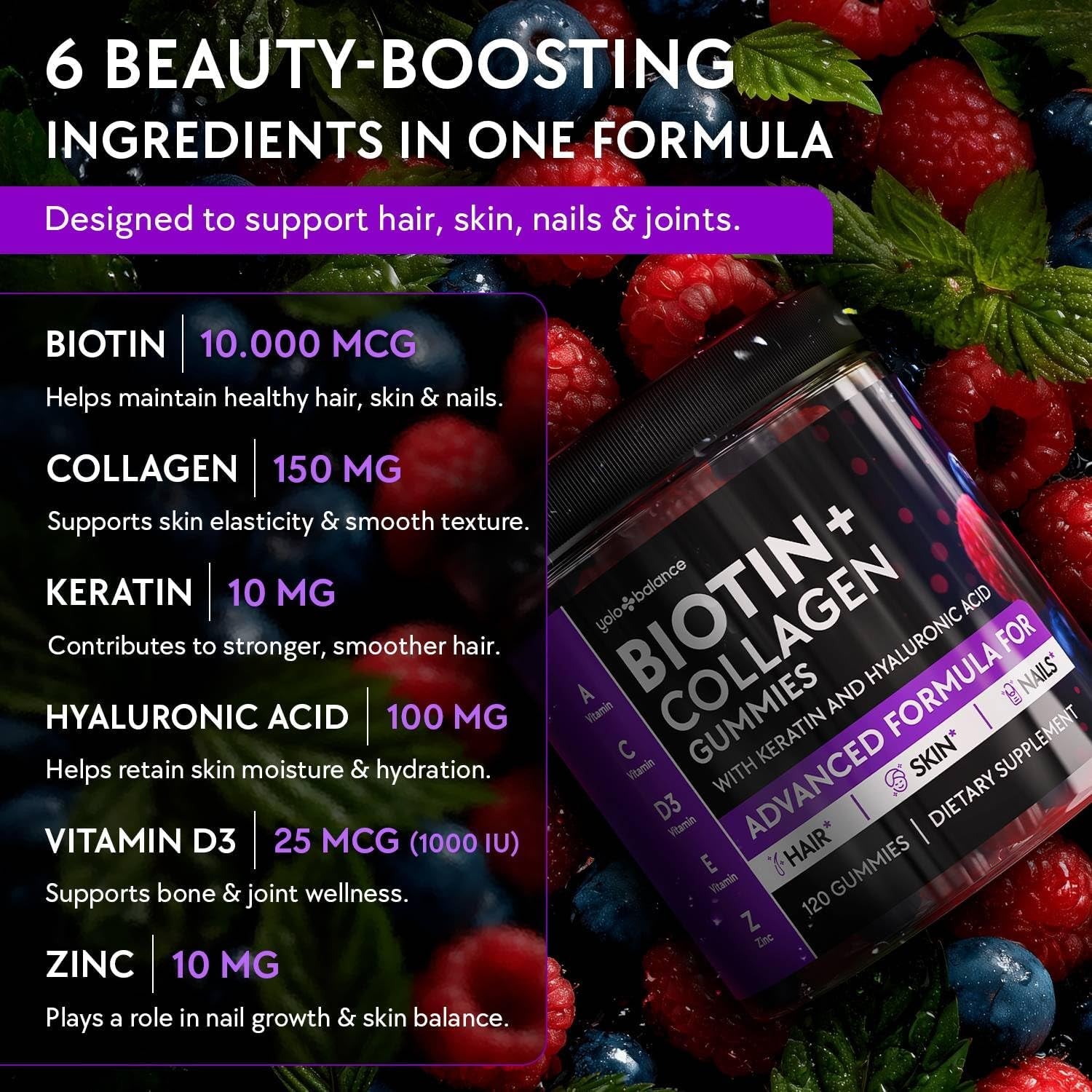 Biotin Gummies 10000Mcg for Hair Growth Support - Sugar Free Multi Collagen with Keratin, Silica & Hyaluronic Acid - Pectin Based, Soft Chew Hair Skin and Nails Vitamins - 120 Count