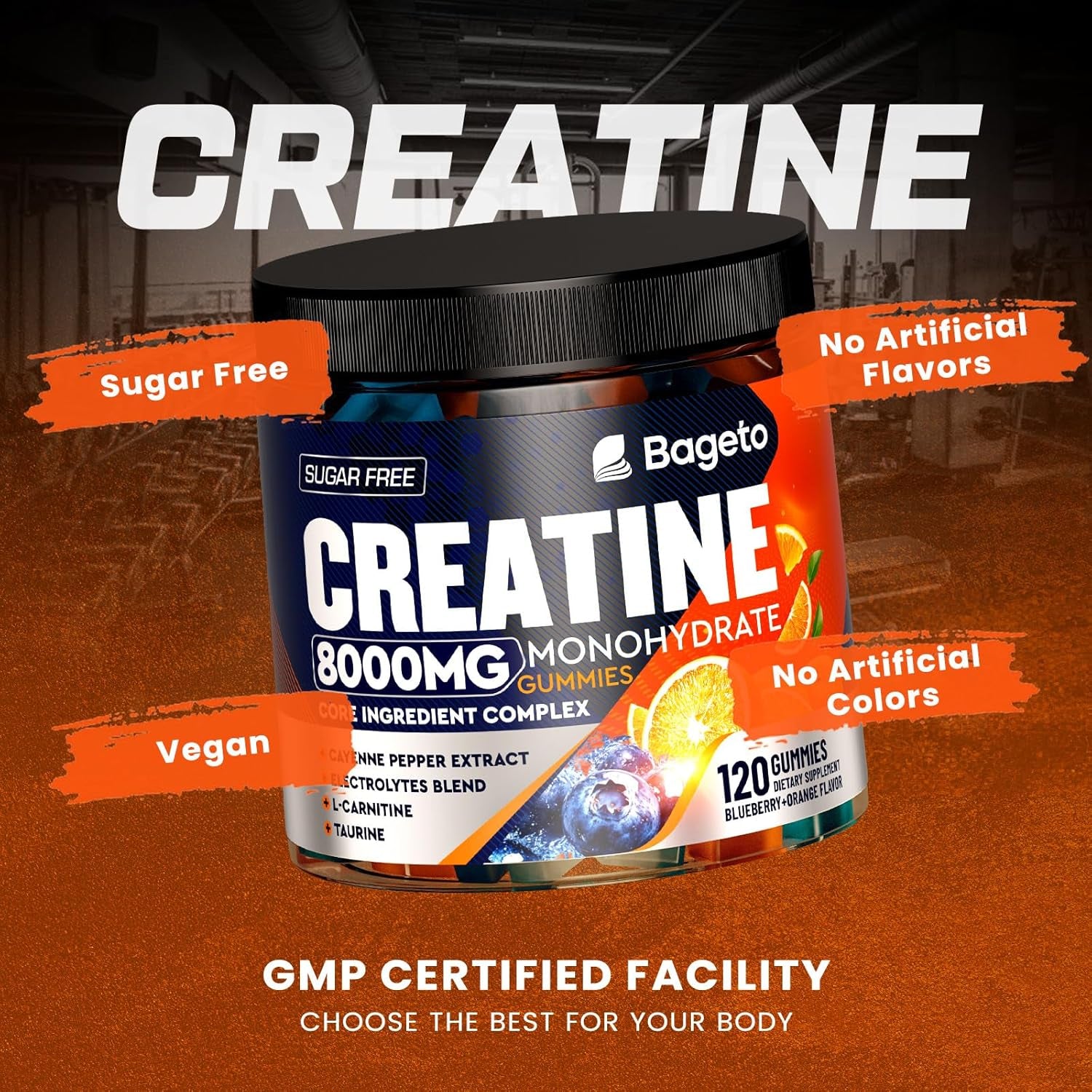 Bageto Creatine Monohydrate Gummies Complex – 120 Gummies | Sugar-Free Creatine + Taurine & Electrolytes for Strength, Recovery & Energy