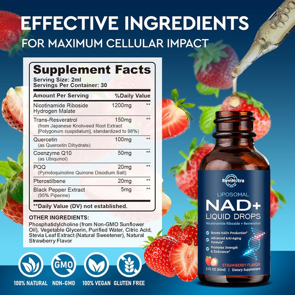 Liposomal NAD+ Liquid Supplement, Nad Resveratrol Supplement for Women & Men, Nicotinamide Riboside with PQQ, Coq10, Quercetin for Anti-Aging, Brain, Cellular Energy Health, Strawberry Flavor, 2 Fl Oz